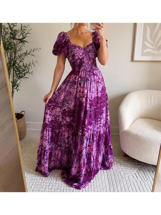 Free People Dresses & Skirts - Free People Sundrenched Floral Maxi Dress XL Purple Pink Puff Sleeve Boho Hippie